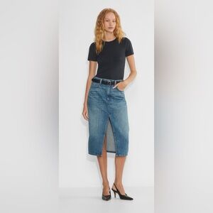 Denim Forum Halle 90’s Classic Mid-Blue Denim Midi Skirt with Front Slit